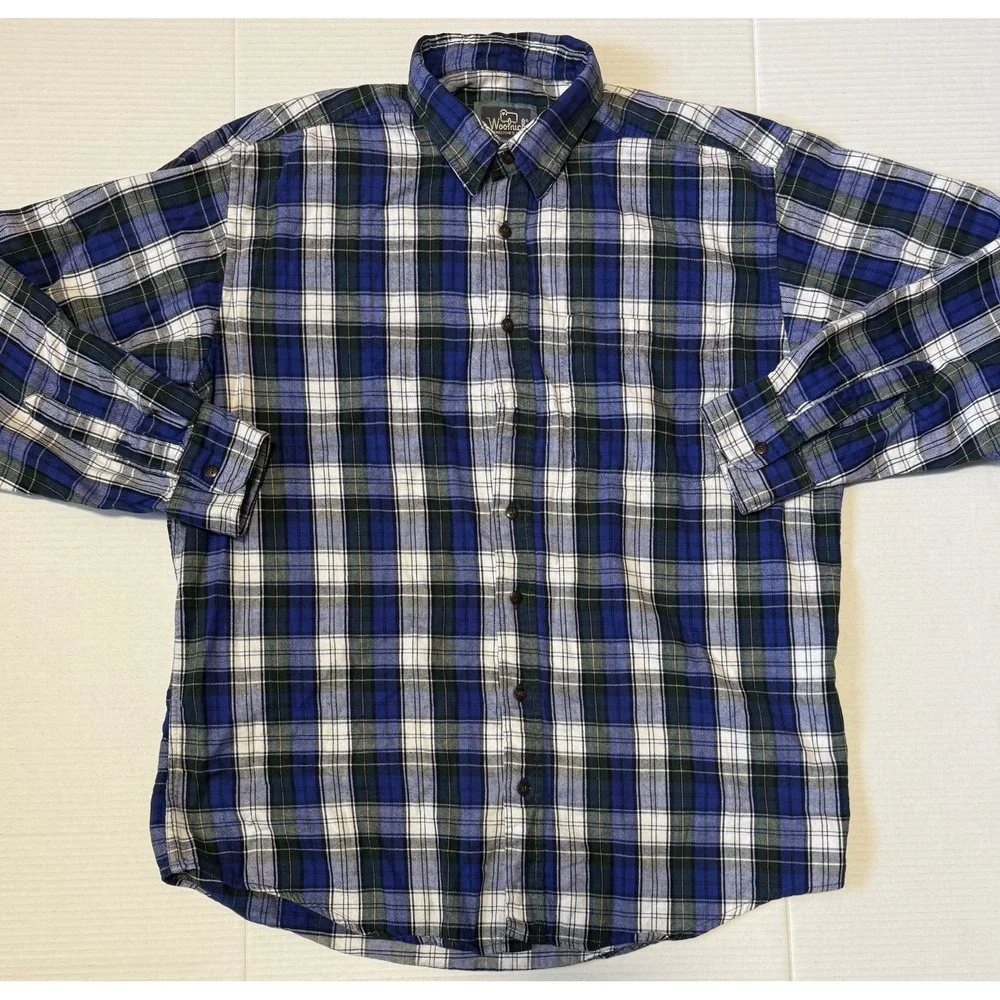 WOOLRICH - Men's Blue Plaid‎ Button Long Sleeve Flannel Shirt -Size Large